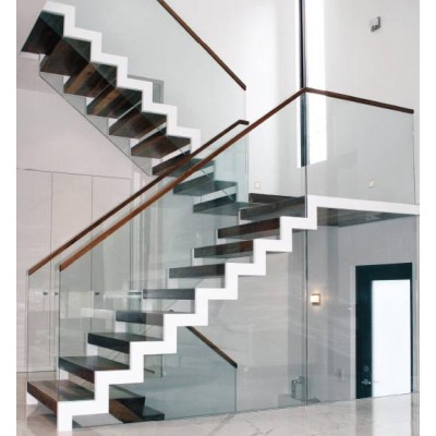 Indoor house glass railing wood stair zig zag stringer timber staircase