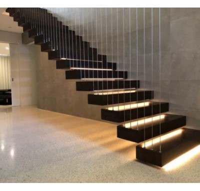 Prefabricated Apartment Building Wood Stairs Design Indoor Wood Tread Floating Stairs