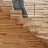 Office Building timber floating stairs with toughen glass railing